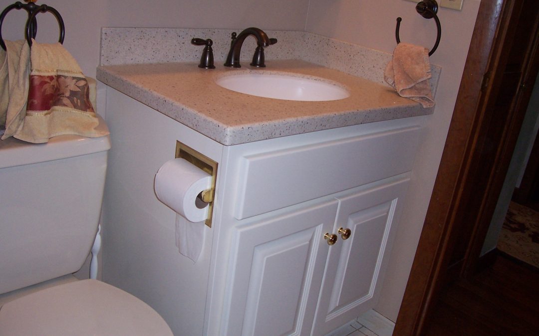 White Vanity with Built-In Toilet Roll Holder